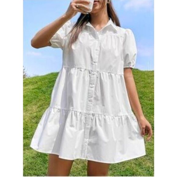18 Centimeters Women's White Cotton /Poly Tiered Dress w Pockets - Picture 1 of 12